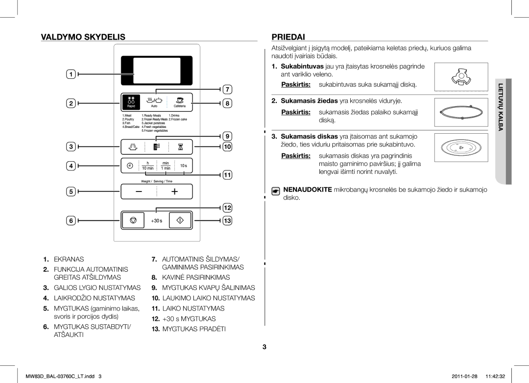 Samsung MW83D/BAL manual Valdymo Skydelis, Priedai, Mygtukas gaminimo laikas, 11. Laiko Nustatymas 