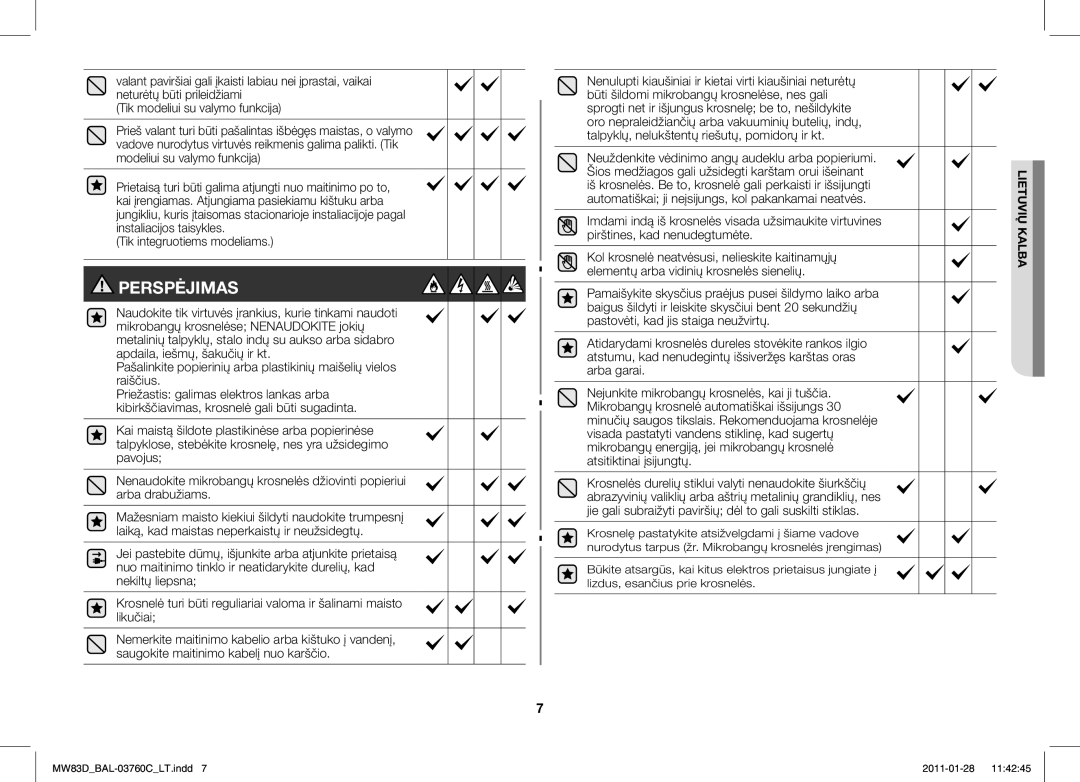 Samsung MW83D/BAL manual Tik integruotiems modeliams, Iš krosnelės. Be to, krosnelė gali perkaisti ir išsijungti 