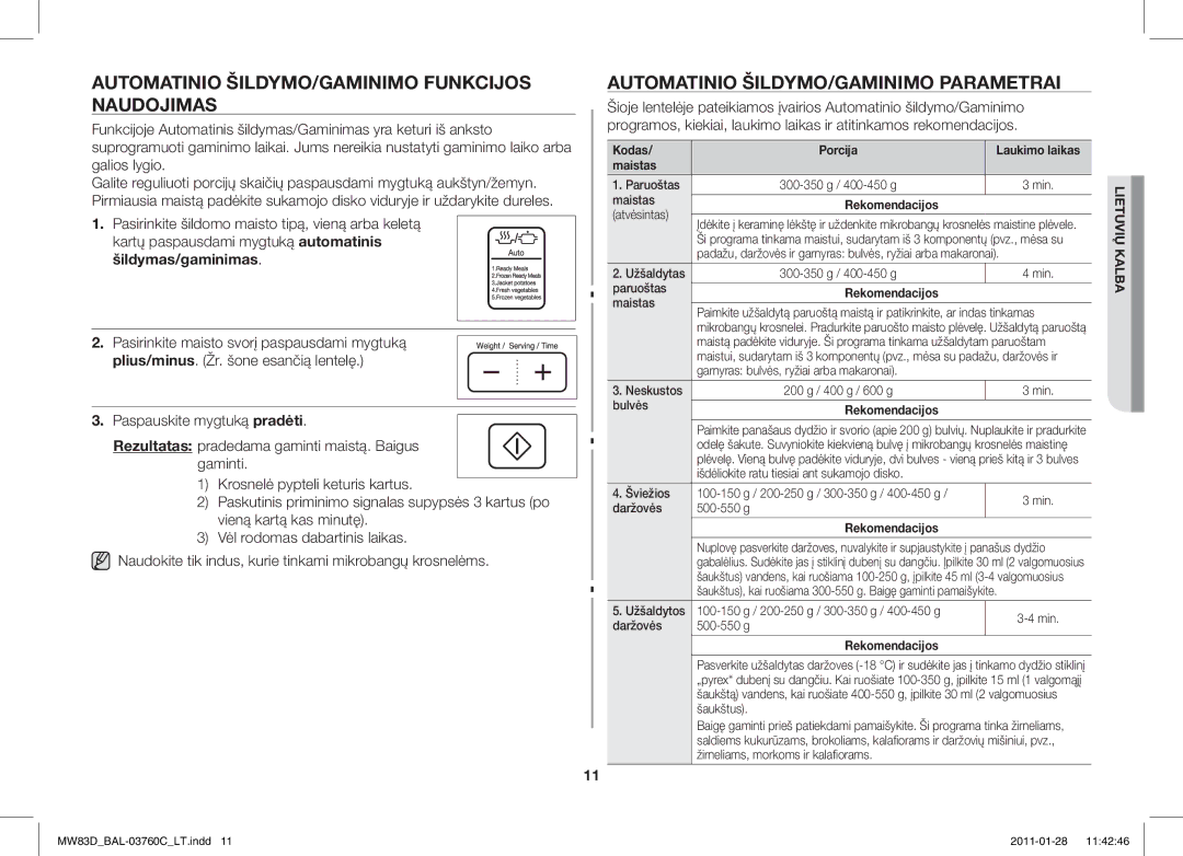 Samsung MW83D/BAL manual Automatinio ŠILDYMO/GAMINIMO Funkcijos Naudojimas, Automatinio ŠILDYMO/GAMINIMO Parametrai 