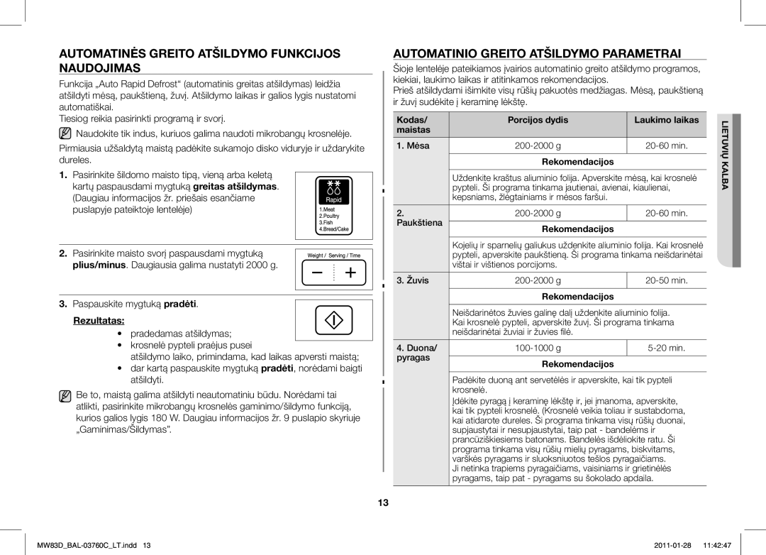 Samsung MW83D/BAL Automatinės Greito Atšildymo Funkcijos Naudojimas, Automatinio Greito Atšildymo Parametrai, Rezultatas 