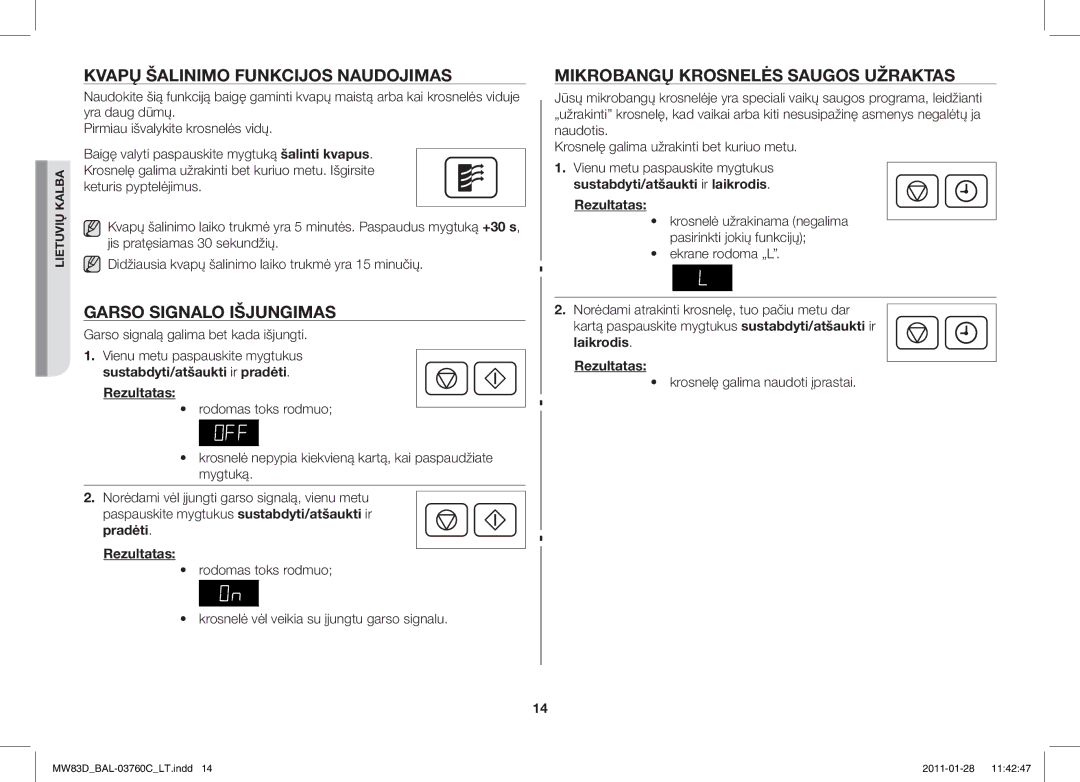 Samsung MW83D/BAL Kvapų Šalinimo Funkcijos Naudojimas, Garso Signalo Išjungimas, Mikrobangų Krosnelės Saugos Užraktas 