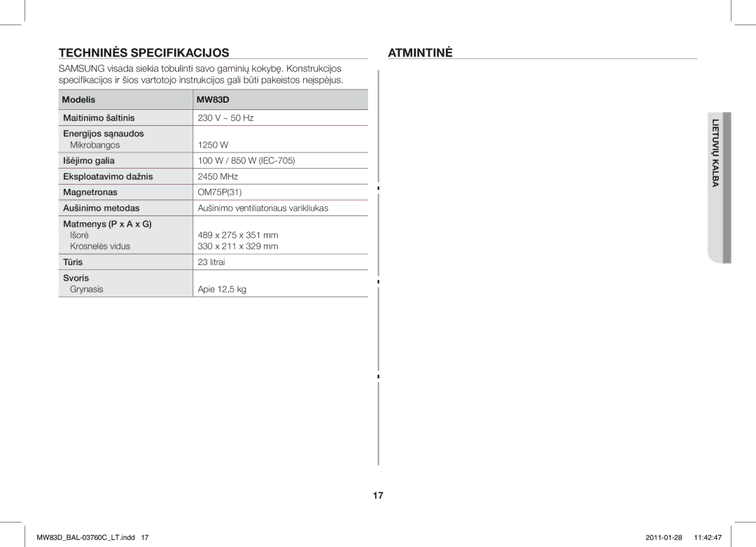 Samsung MW83D/BAL manual Techninės Specifikacijos Atmintinė 