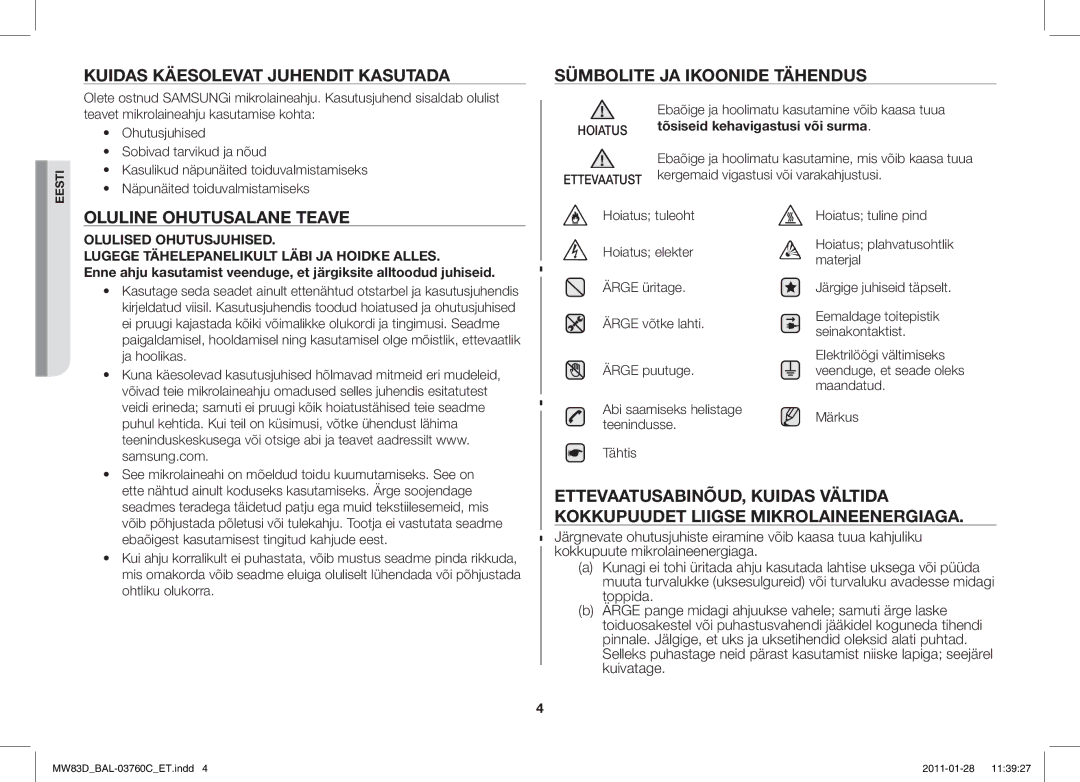 Samsung MW83D/BAL manual Kuidas Käesolevat Juhendit Kasutada, Oluline Ohutusalane Teave, Sümbolite JA Ikoonide Tähendus 