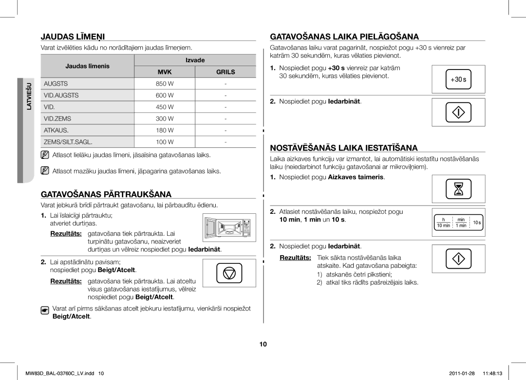 Samsung MW83D/BAL Jaudas Līmeņi, Gatavošanas Pārtraukšana, Gatavošanas Laika Pielāgošana, Nostāvēšanās Laika Iestatīšana 