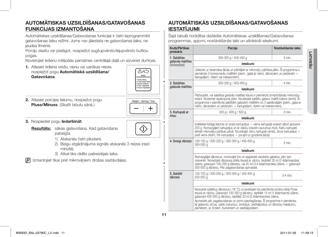 Samsung MW83D/BAL manual Automātiskas UZSILDĪŠANAS/GATAVOŠANAS Funkcijas Izmantošana 