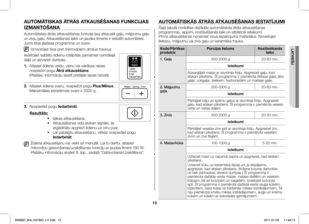 Samsung MW83D/BAL manual Automātiskas Ātrās Atkausēšanas Funkcijas Izmantošana, Automātiskās Ātrās Atkausēšanas Iestatījumi 