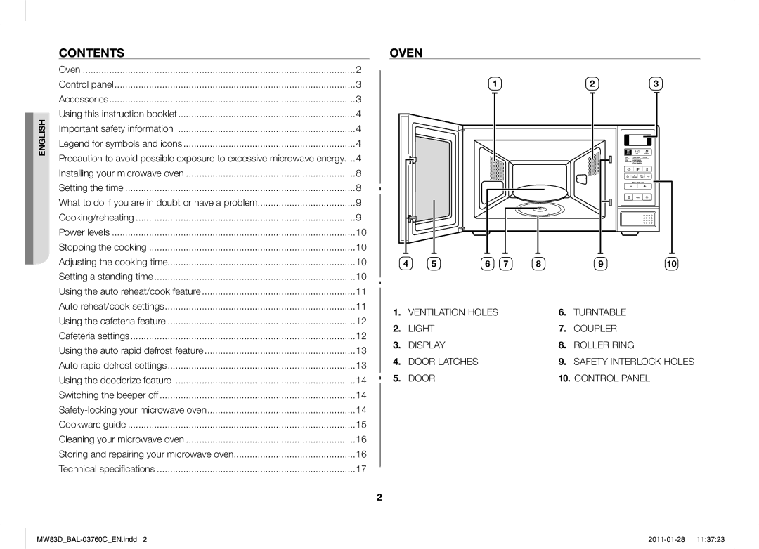 Samsung MW83D/BAL manual Contents, Oven 