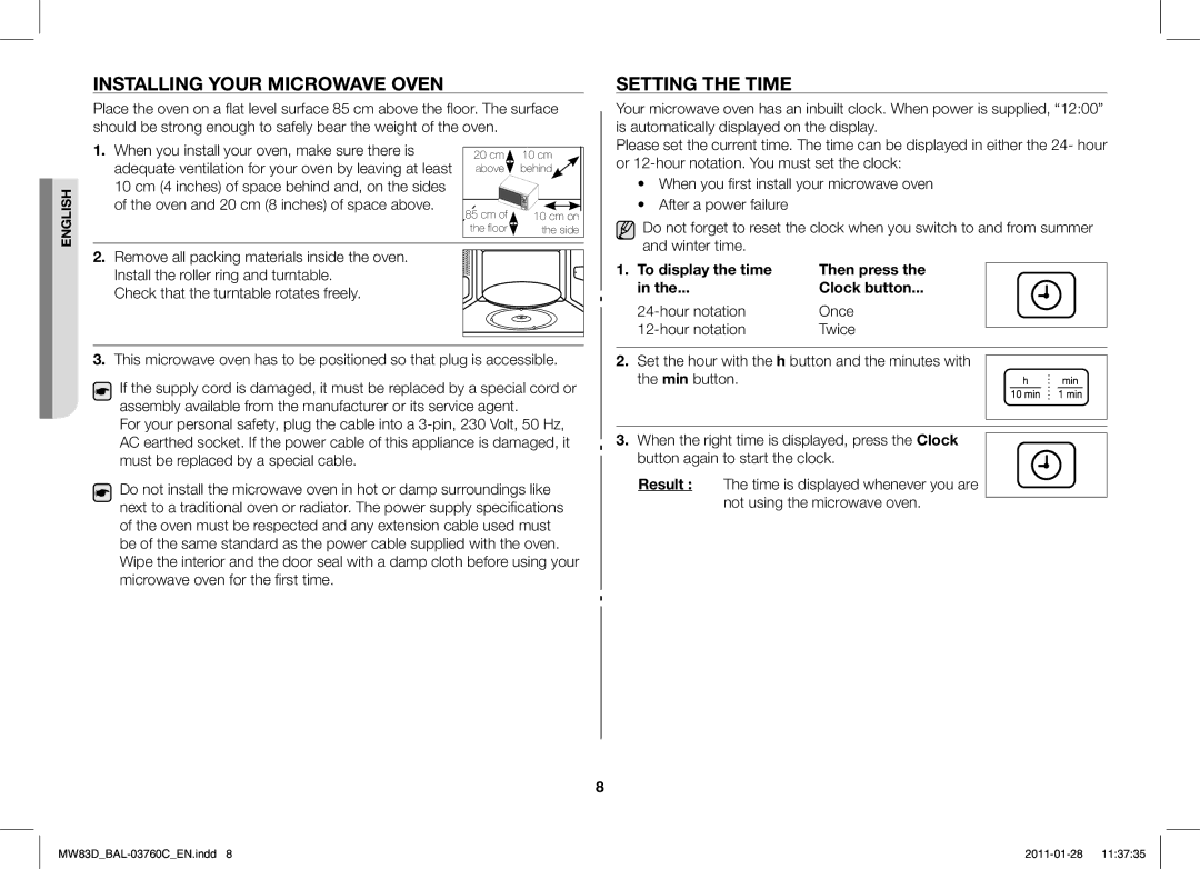 Samsung MW83D/BAL manual Installing Your Microwave Oven, Setting the Time, To display the time 