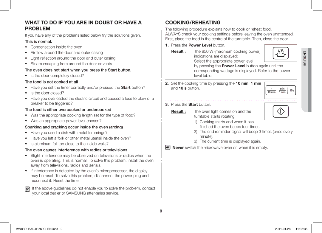 Samsung MW83D/BAL manual What to do if YOU are in Doubt or have a Problem, Cooking/Reheating 