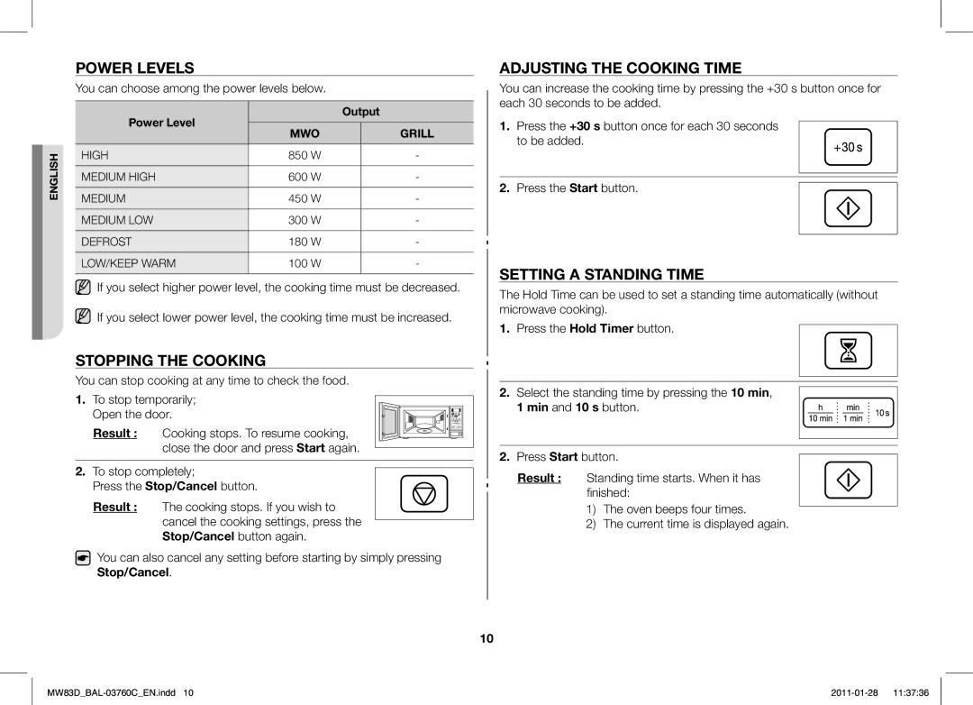 Samsung MW83D/BAL manual Power Levels, Stopping the Cooking, Adjusting the Cooking Time, Setting a Standing Time 