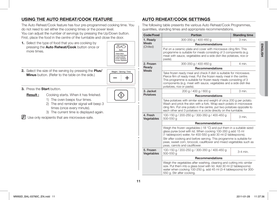 Samsung MW83D/BAL manual Using the Auto REHEAT/COOK Feature, Auto REHEAT/COOK Settings 