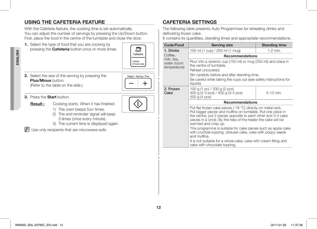 Samsung MW83D/BAL manual Using the Cafeteria Feature, Cafeteria Settings 