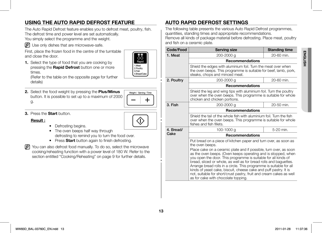 Samsung MW83D/BAL manual Using the Auto Rapid Defrost Feature, Auto Rapid Defrost Settings, Result 