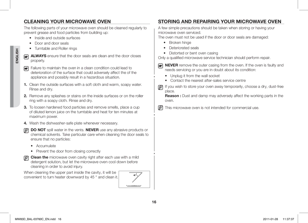 Samsung MW83D/BAL manual Cleaning Your Microwave Oven, Storing and Repairing Your Microwave Oven 