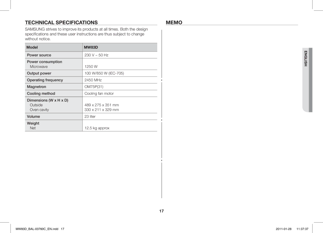 Samsung MW83D/BAL manual Technical Specifications Memo, Are thus subject to change Without notice 