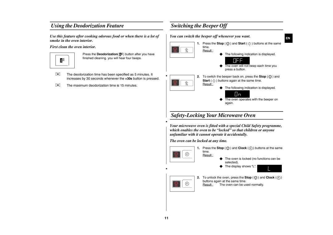 Samsung MW83H/XEH manual Using the Deodorization Feature, Switching the Beeper Off, Safety-Locking Your Microwave Oven 