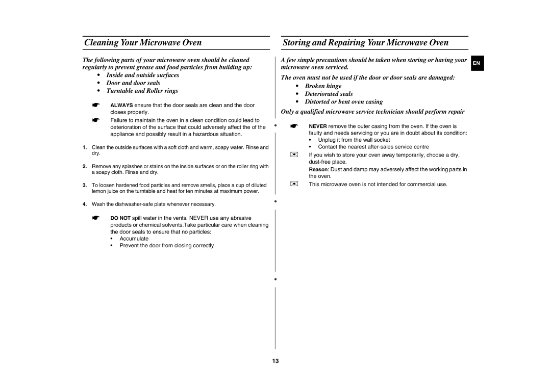 Samsung MW83H/XEH manual Cleaning Your Microwave Oven, Storing and Repairing Your Microwave Oven 