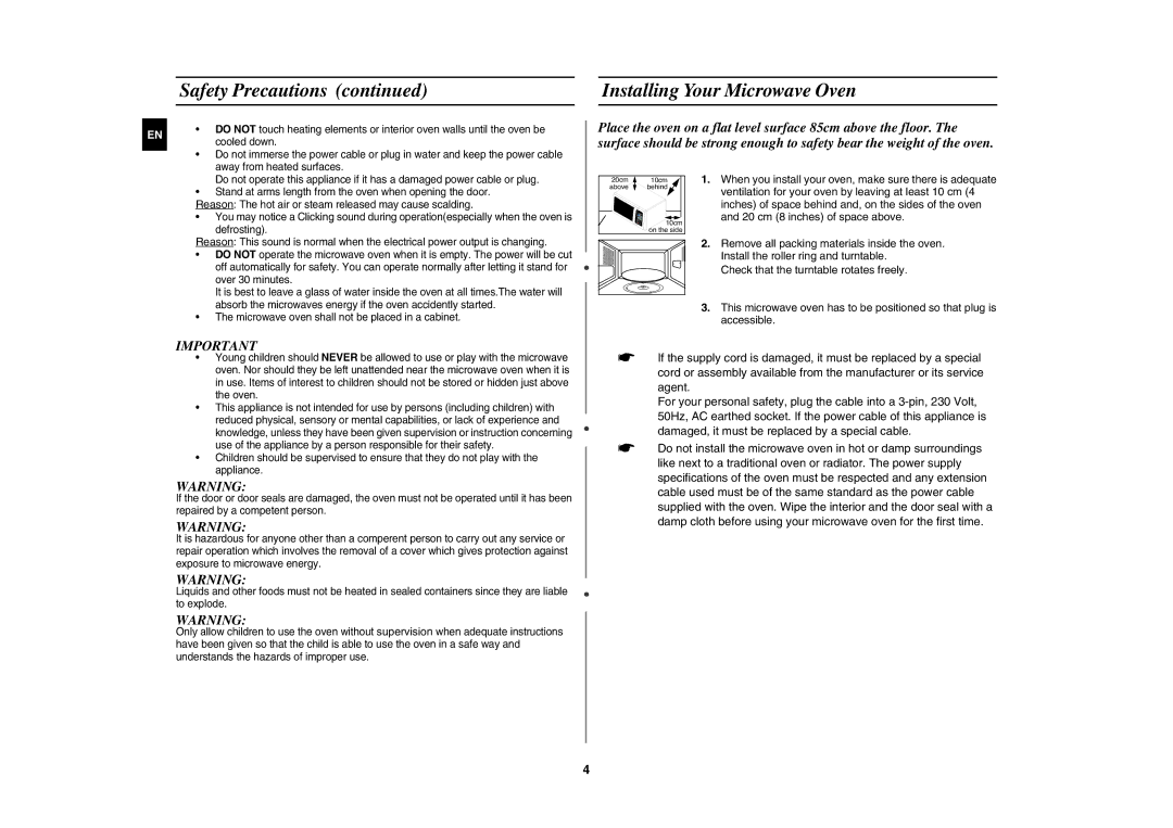 Samsung MW83H/XEH manual Installing Your Microwave Oven 