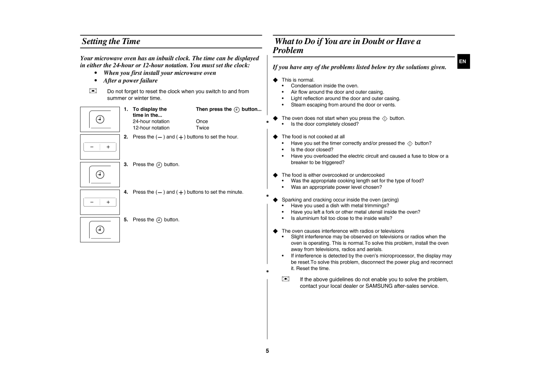 Samsung MW83H/XEH manual Setting the Time, What to Do if You are in Doubt or Have a Problem, To display Then press 