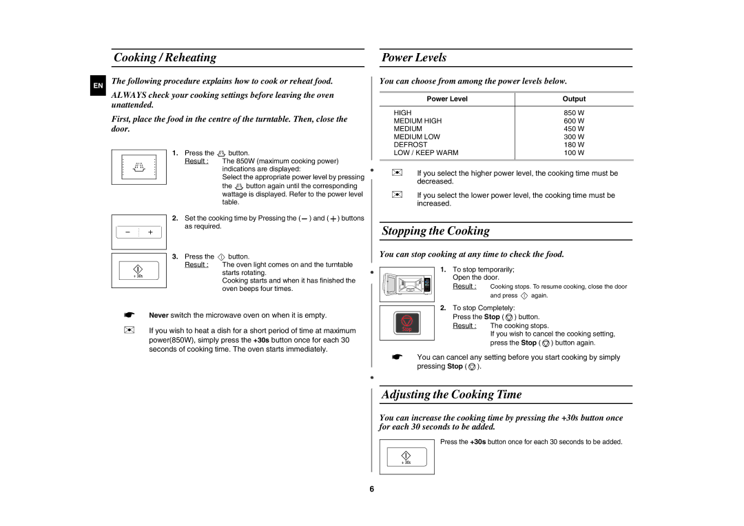 Samsung MW83H/XEH Cooking / Reheating Power Levels, Stopping the Cooking, Adjusting the Cooking Time, Power Level Output 