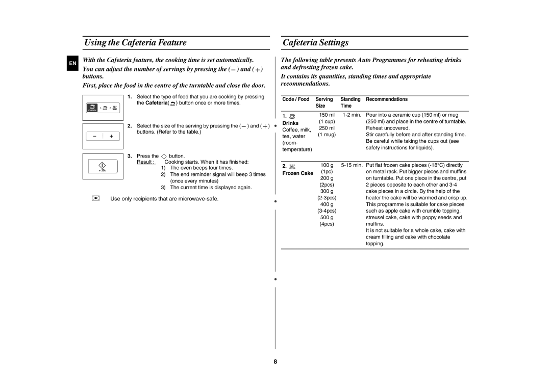 Samsung MW83H/XEH manual Using the Cafeteria Feature Cafeteria Settings, Drinks 