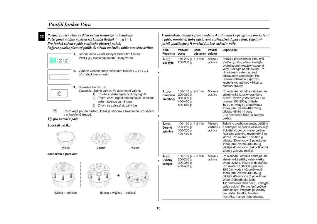 Samsung MW83H/XEH manual Použití funkce Pára, Součásti pařáku, Zacházení s pařákem 