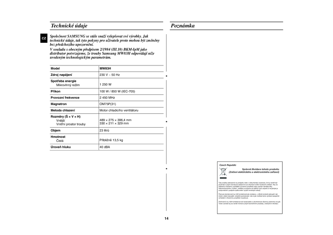 Samsung MW83H/XEH manual Technické údaje Poznámka 