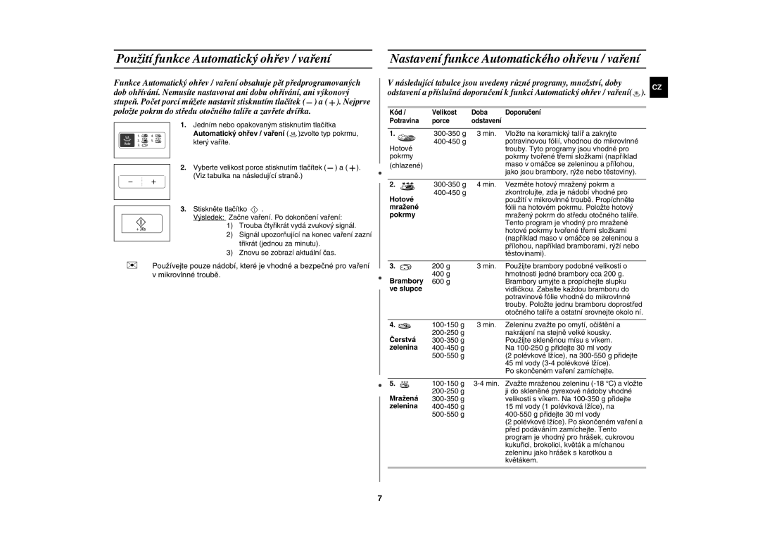 Samsung MW83H/XEH manual Použití funkce Automatický ohřev / vaření, Nastavení funkce Automatického ohřevu / vaření 