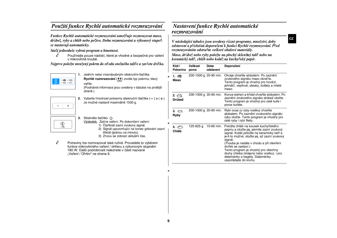 Samsung MW83H/XEH manual Použití funkce Rychlé automatické rozmrazování, Nastavení funkce Rychlé automatické rozmrazování 