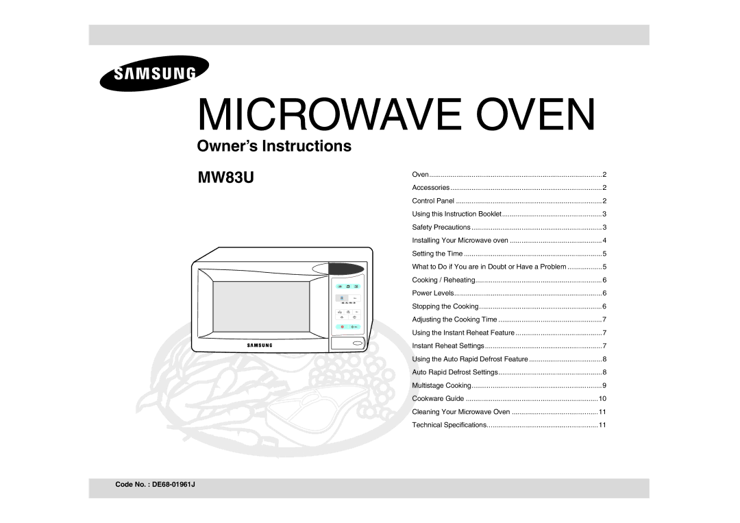 Samsung MW83U-S/SLI manual Microwave Oven, Code No. DE68-01961J 