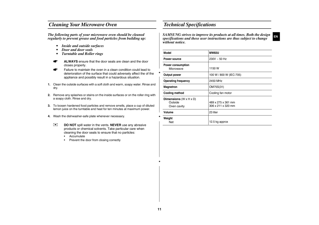 Samsung MW83U-S/SLI manual Cleaning Your Microwave Oven, Technical Specifications, Dimensions W x H x D 