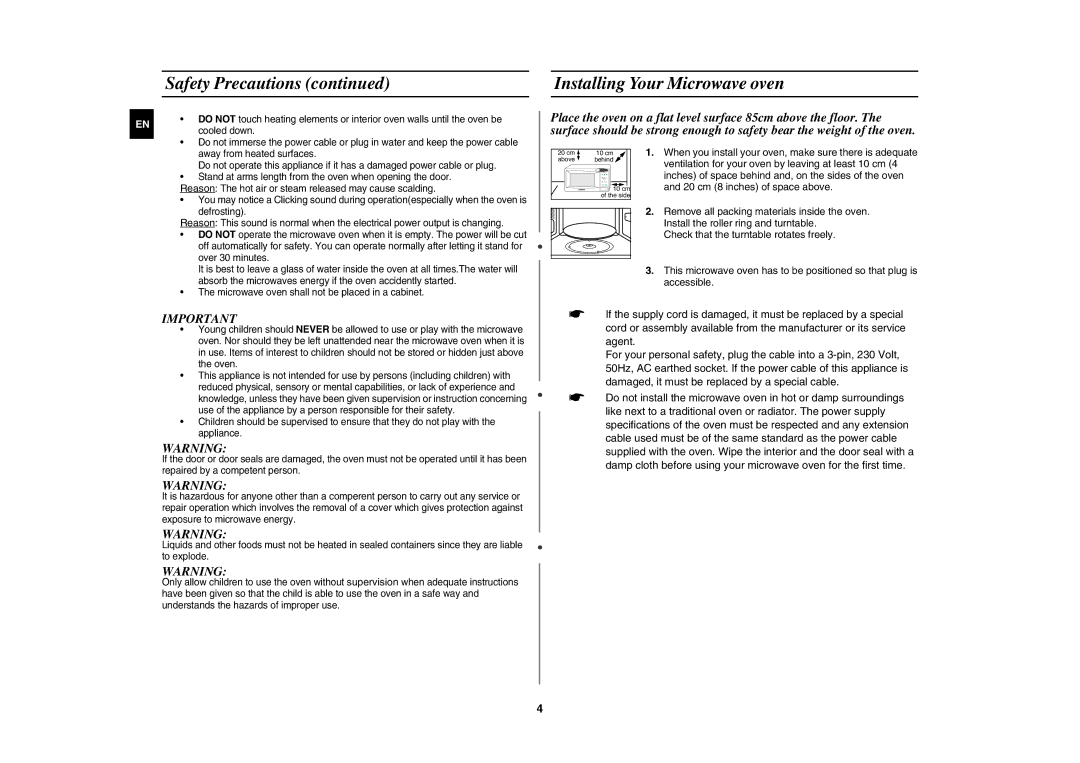 Samsung MW83U-S/SLI manual Installing Your Microwave oven, Ventilation for your oven by leaving at least 10 cm 