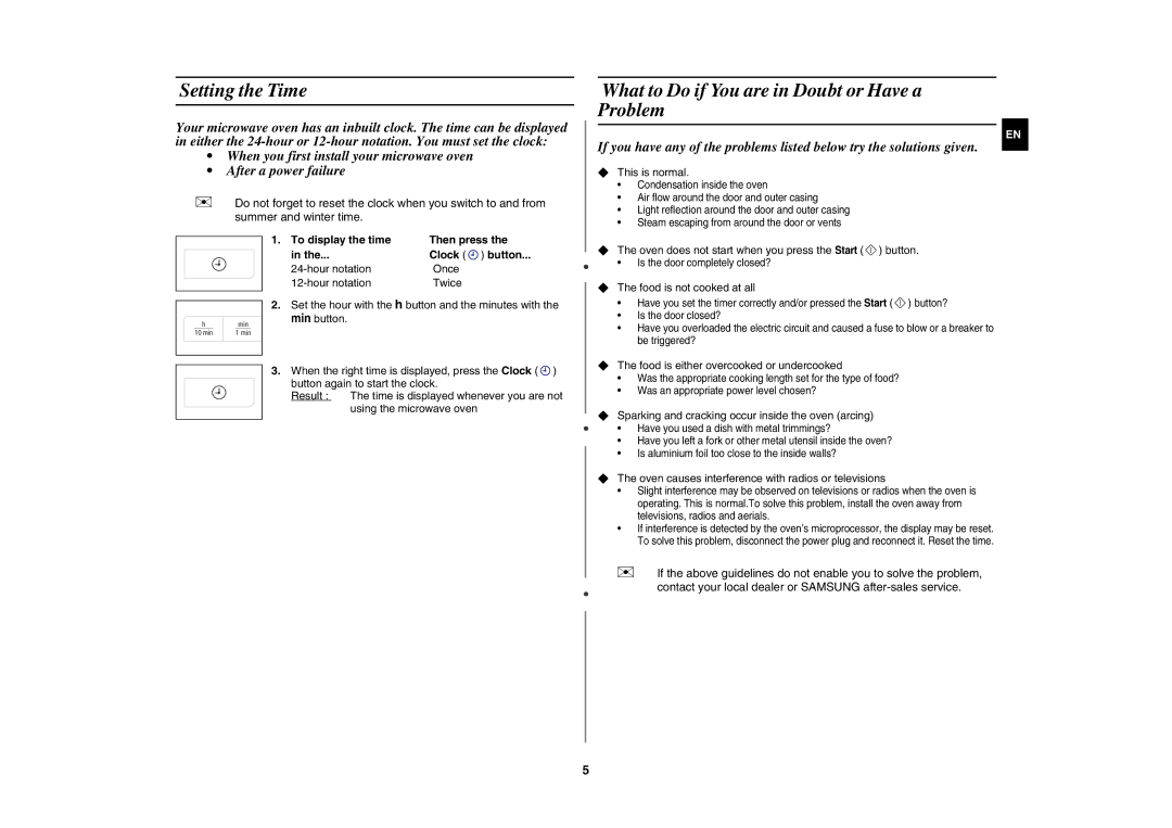 Samsung MW83U-S/SLI manual Setting the Time, What to Do if You are in Doubt or Have a Problem 