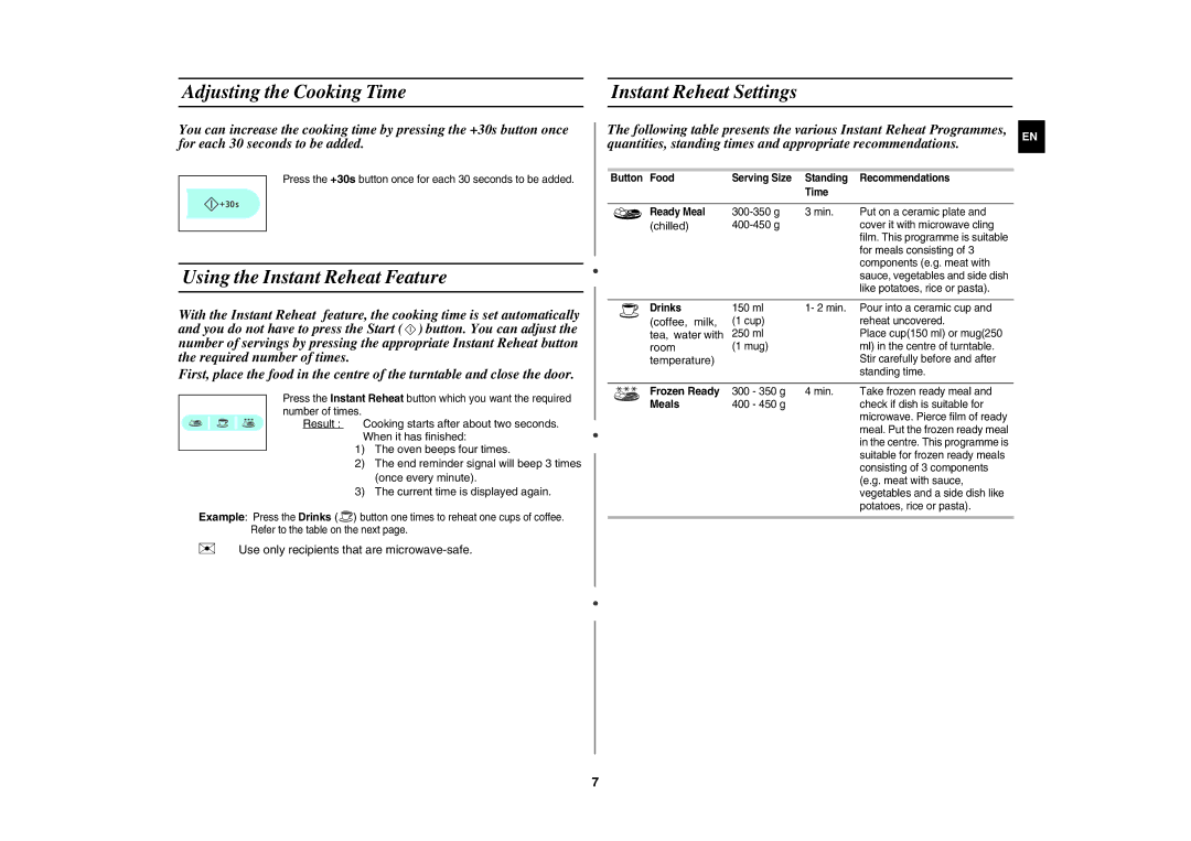 Samsung MW83U-S/SLI manual Adjusting the Cooking Time, Using the Instant Reheat Feature, Instant Reheat Settings 