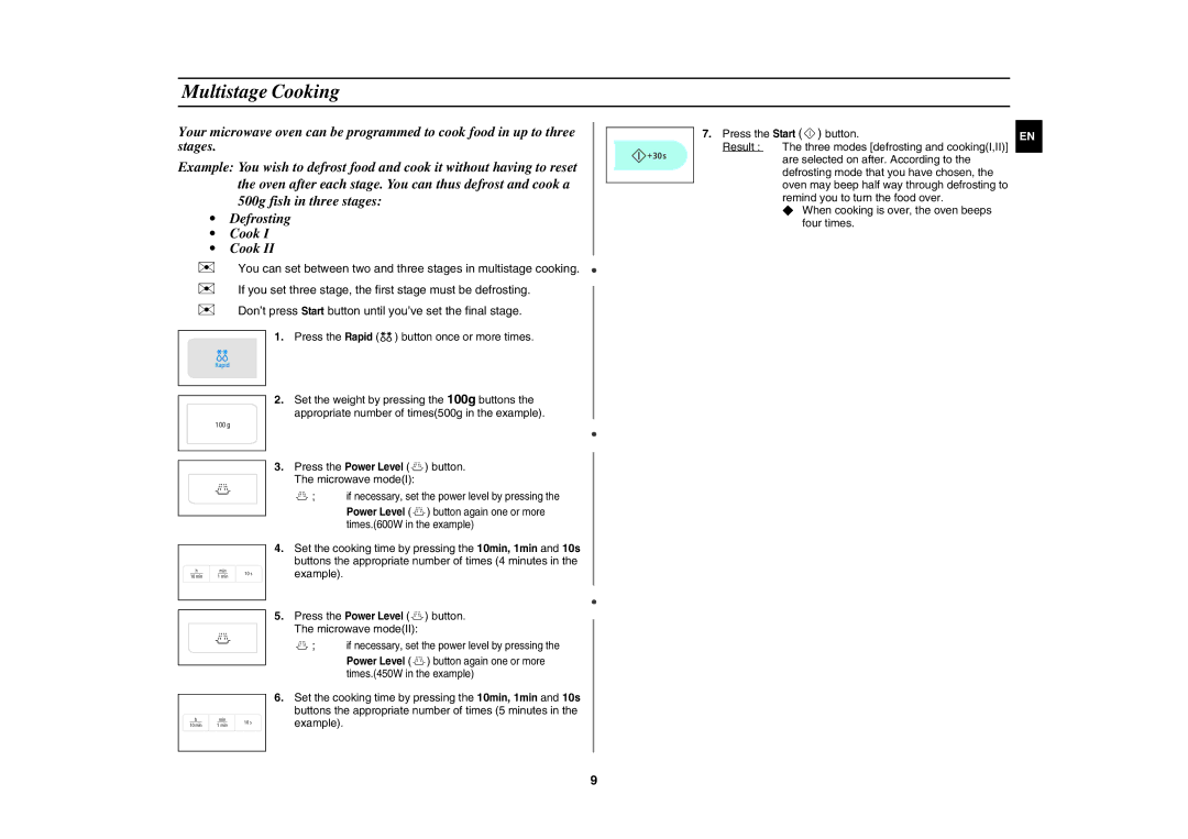 Samsung MW83U-S/SLI manual Multistage Cooking, 500g fish in three stages Defrosting Cook 