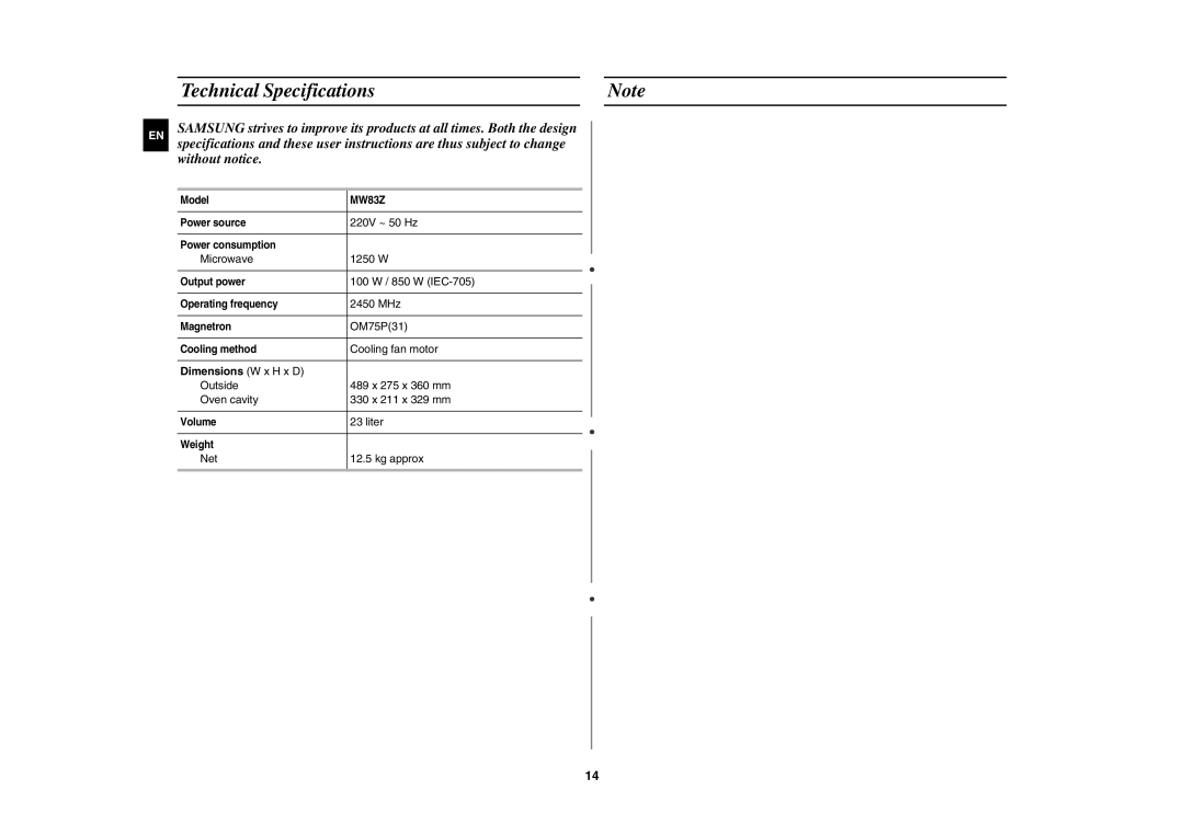 Samsung MW83Z technical specifications Technical Specifications, Dimensions W x H x D 