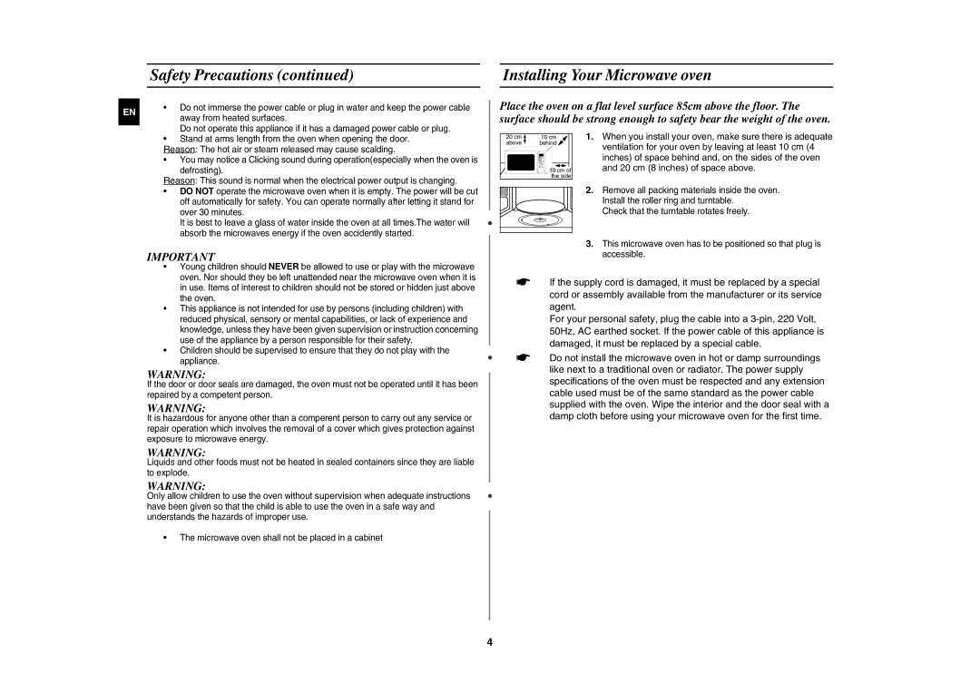 Samsung MW83Z technical specifications Installing Your Microwave oven, 20 cm 8 inches of space above 