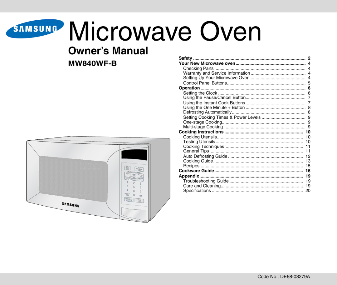 Samsung MW840WF-B/ZAM manual Microwave Oven 