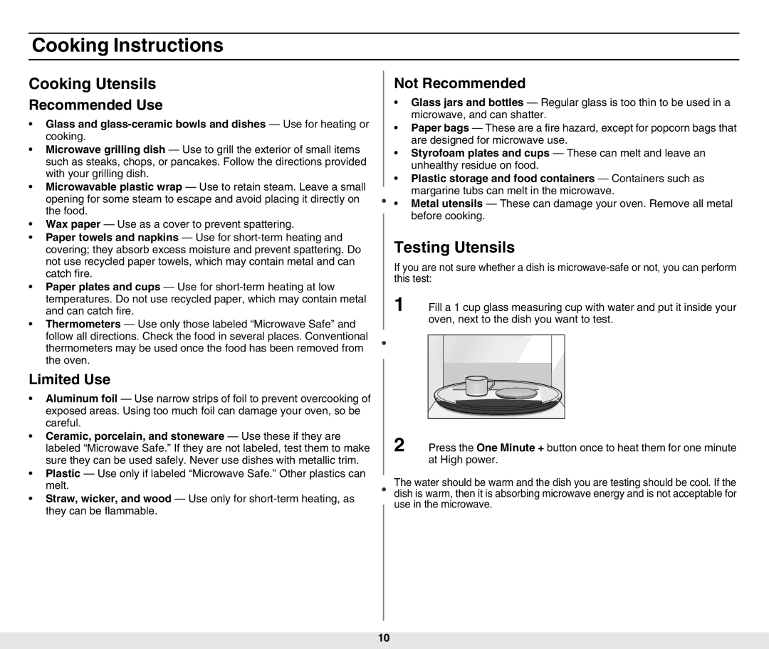 Samsung MW840WF-B/ZAM manual Cooking Instructions, Cooking Utensils, Testing Utensils 