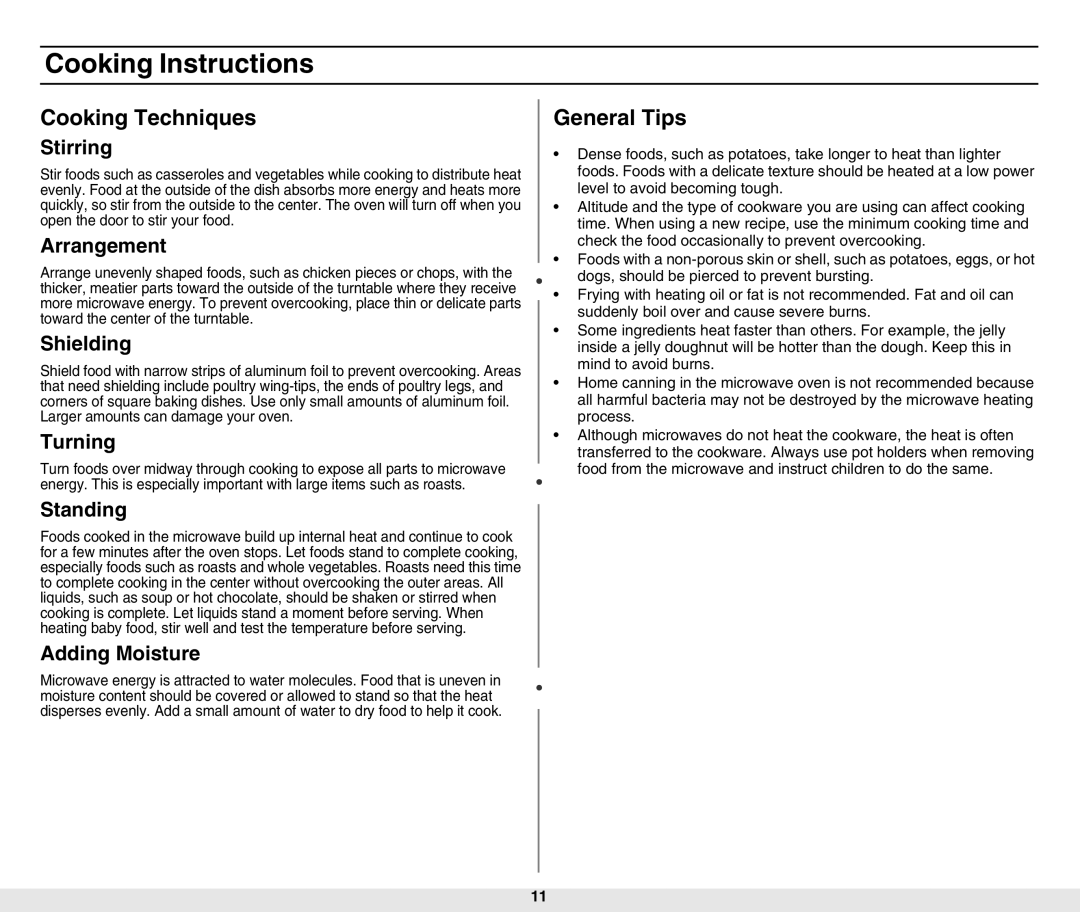 Samsung MW840WF-B/ZAM manual Cooking Techniques, General Tips 