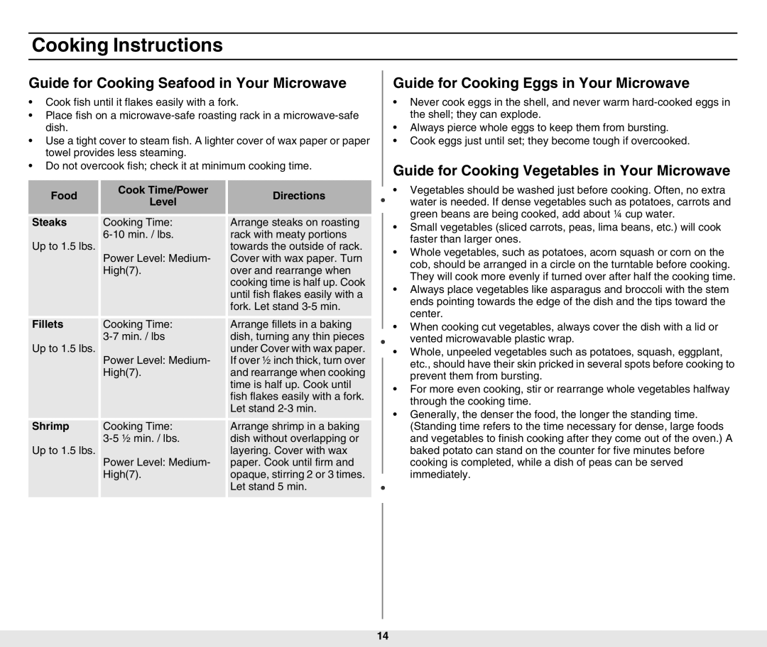 Samsung MW840WF-B/ZAM manual Guide for Cooking Seafood in Your Microwave, Guide for Cooking Eggs in Your Microwave 