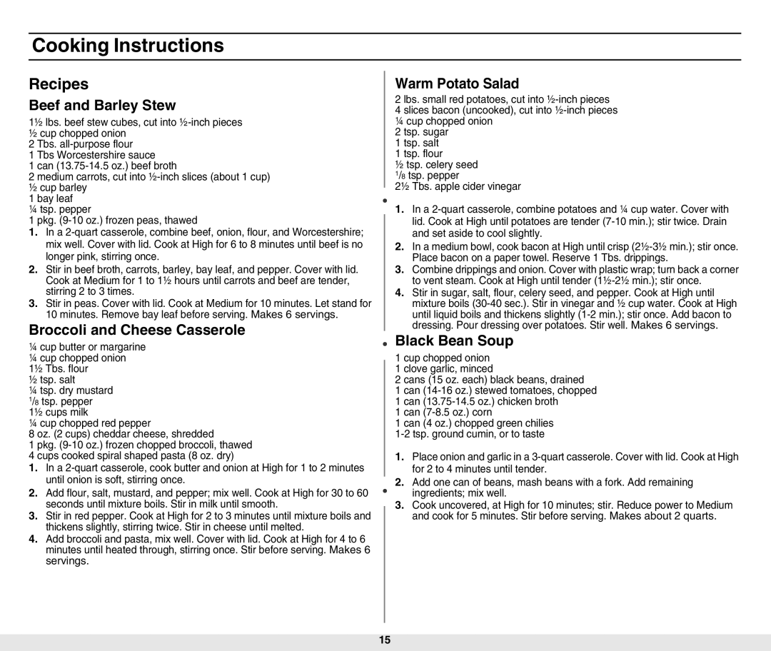 Samsung MW840WF-B/ZAM Recipes, Beef and Barley Stew, Broccoli and Cheese Casserole, Warm Potato Salad, Black Bean Soup 