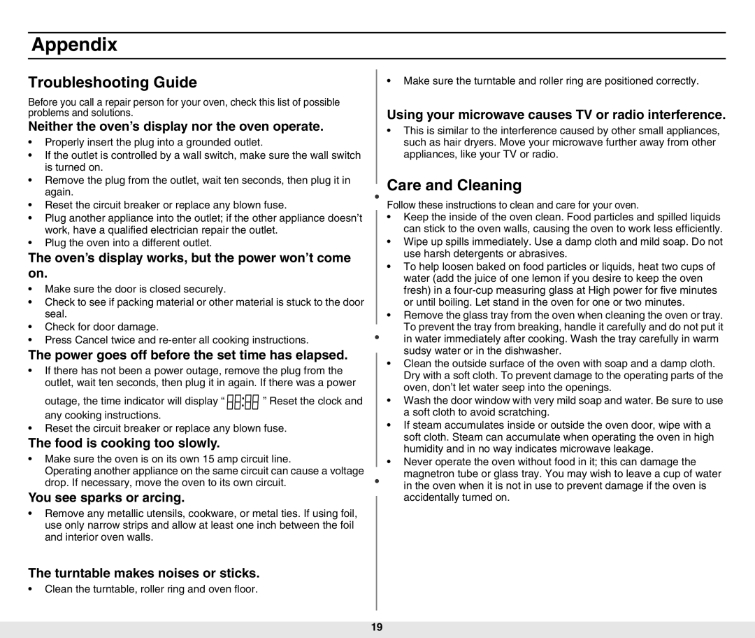 Samsung MW840WF-B/ZAM manual Appendix, Troubleshooting Guide, Care and Cleaning 