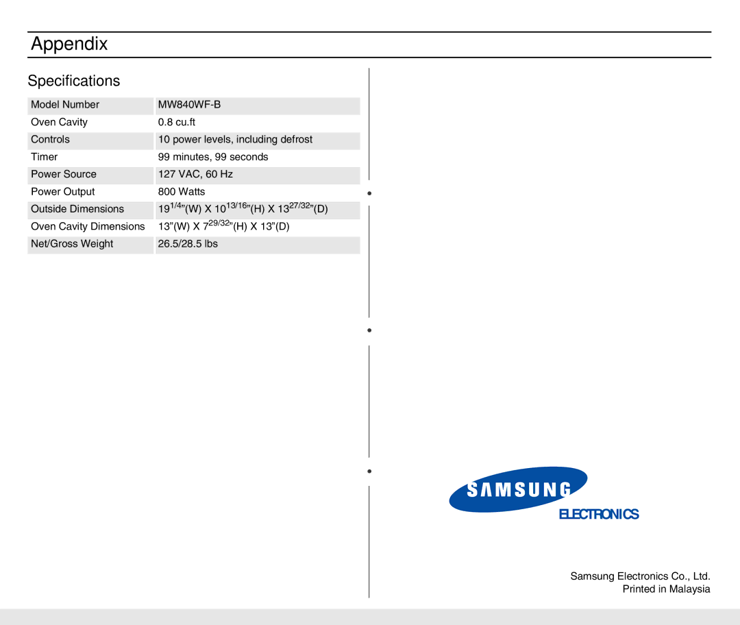 Samsung MW840WF-B/ZAM manual Specifications 