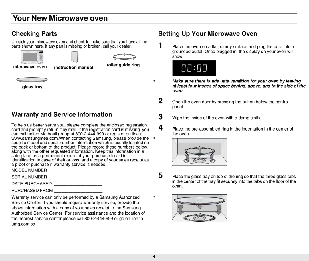 Samsung MW840WF-B/ZAM manual Your New Microwave oven, Checking Parts, Setting Up Your Microwave Oven 