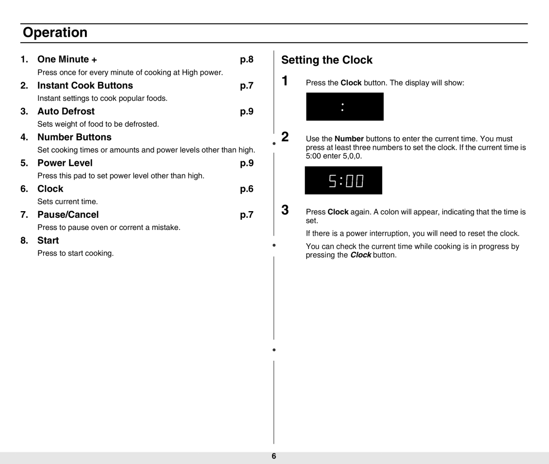 Samsung MW840WF-B/ZAM manual Operation, Setting the Clock 