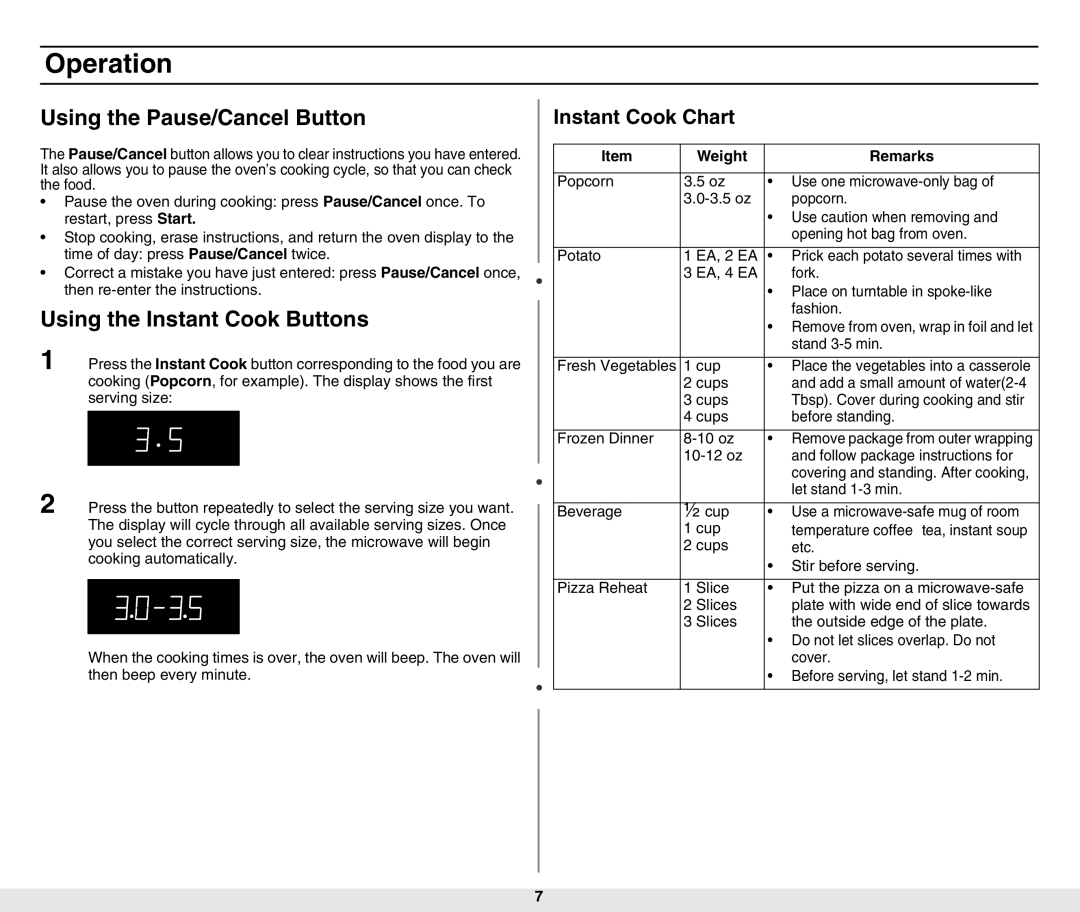 Samsung MW840WF-B/ZAM Using the Pause/Cancel Button, Using the Instant Cook Buttons, Instant Cook Chart, Weight Remarks 