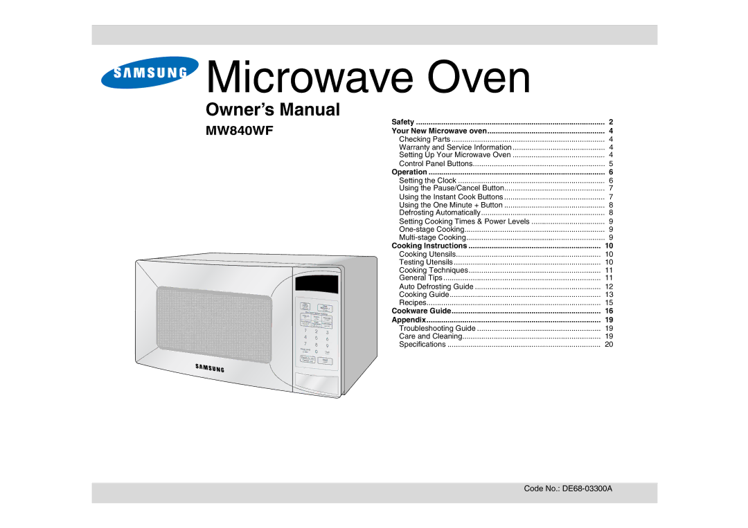 Samsung MW840WF/ZAM manual Microwave Oven 