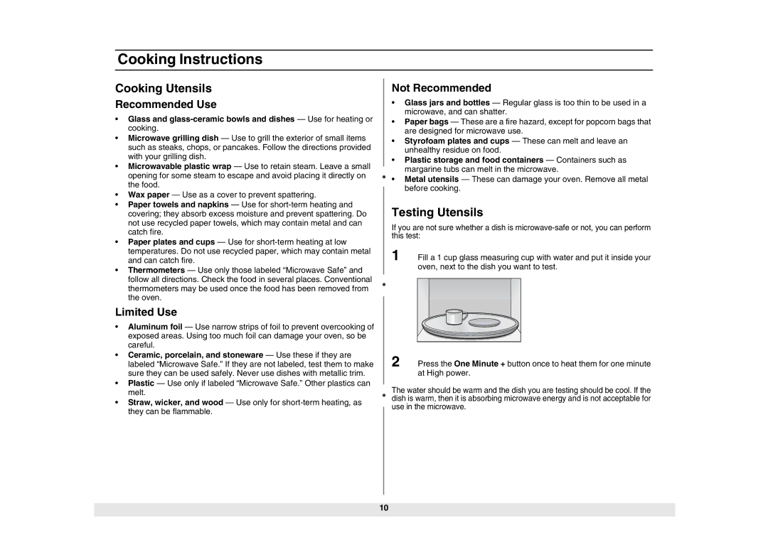 Samsung MW840WF/ZAM manual Cooking Instructions, Cooking Utensils, Testing Utensils 