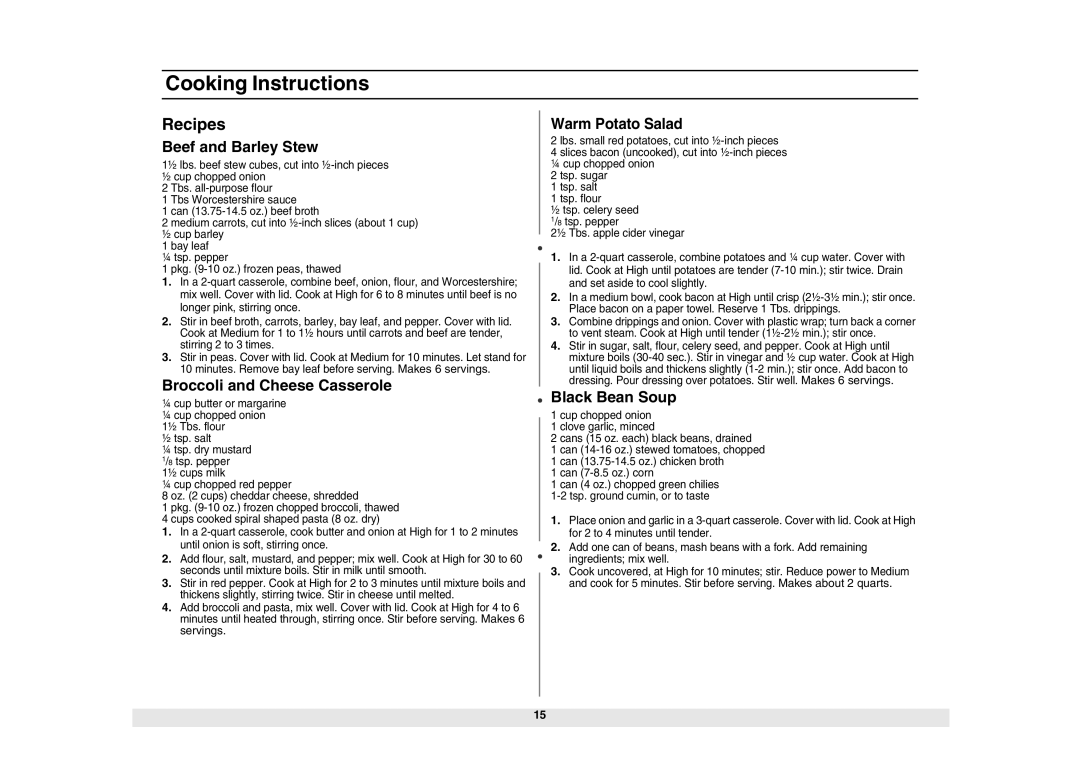 Samsung MW840WF/ZAM manual Recipes, Beef and Barley Stew, Broccoli and Cheese Casserole, Black Bean Soup 